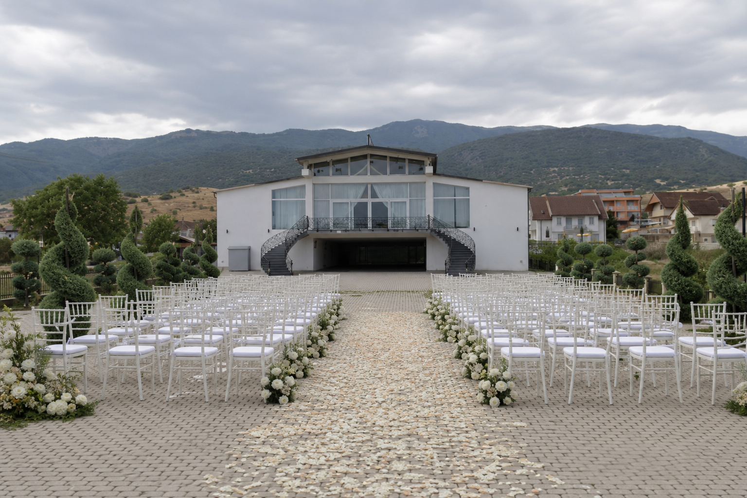 Ceremony aisle before the villa