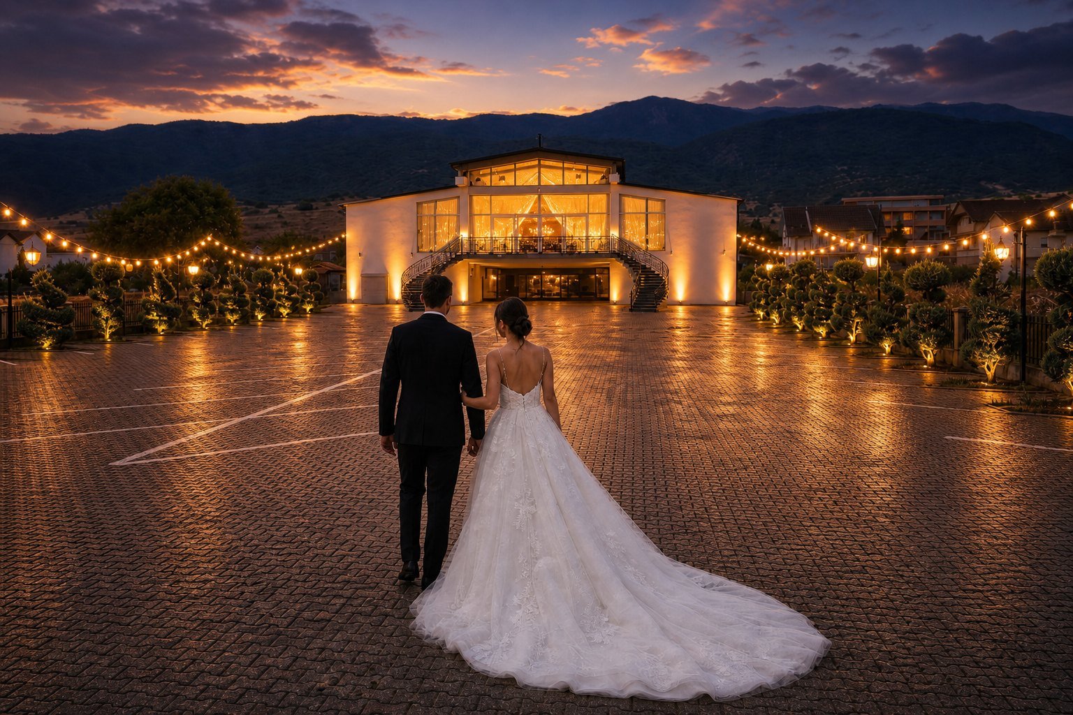 A couple walking toward Golden Garden at twilight