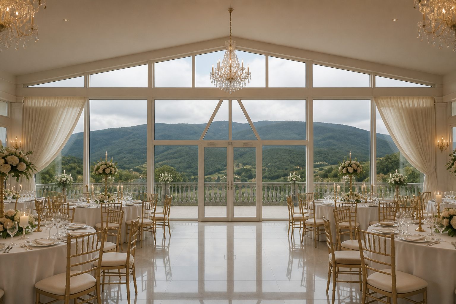 Glass hall opening to the mountains